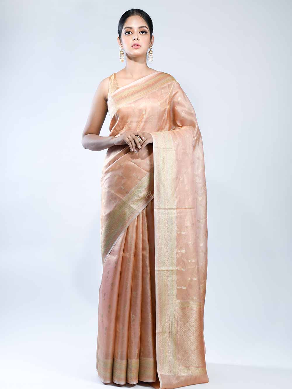 Pastel Peach Booti Tissue Handloom Banarasi Saree - Sacred Weaves