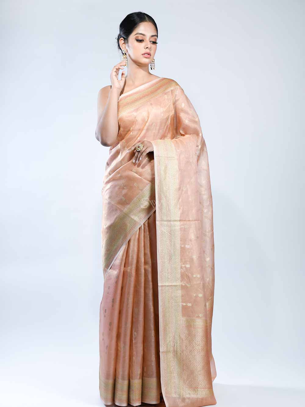 Pastel Peach Booti Tissue Handloom Banarasi Saree - Sacred Weaves