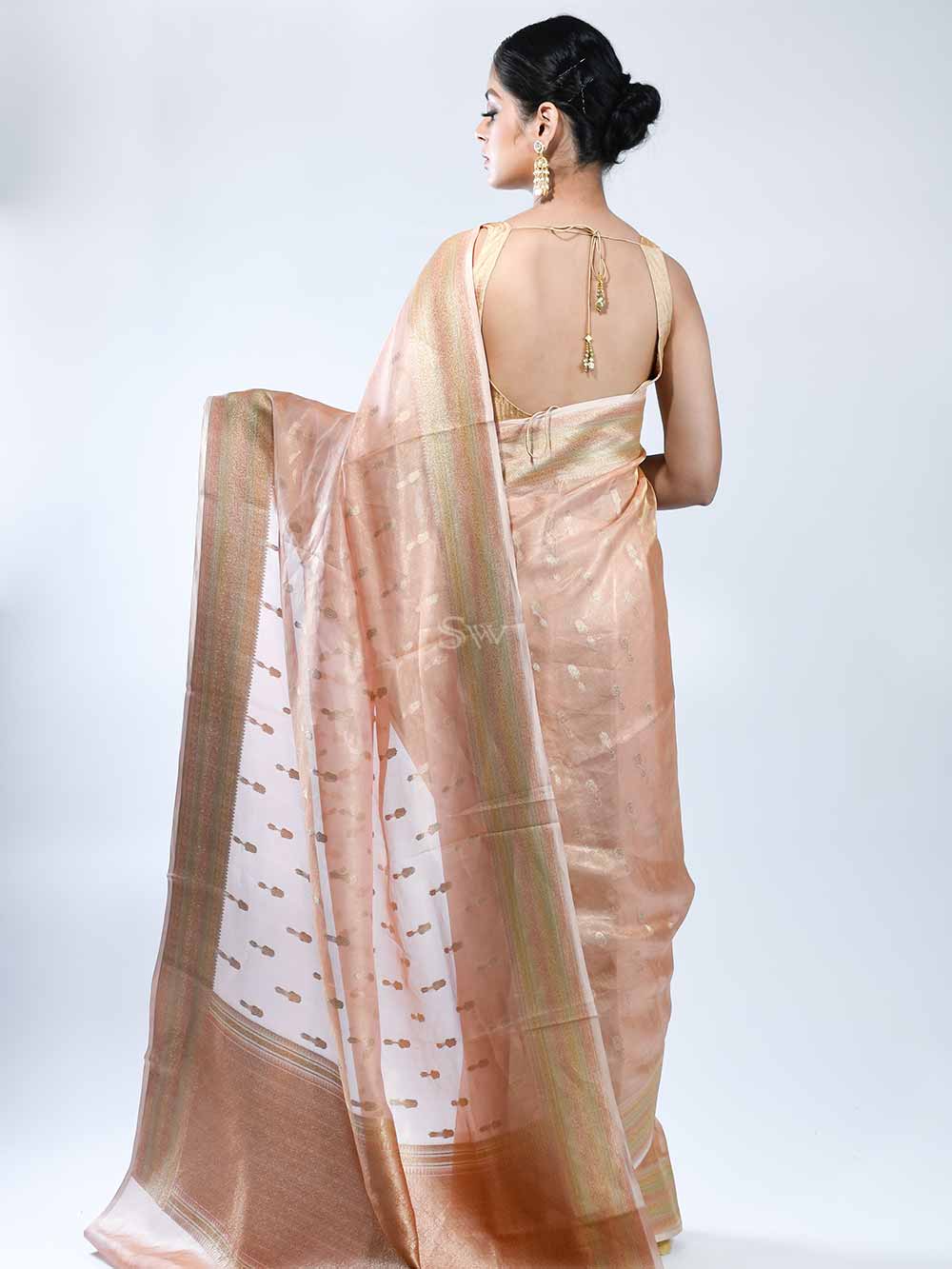 Pastel Peach Booti Tissue Handloom Banarasi Saree - Sacred Weaves