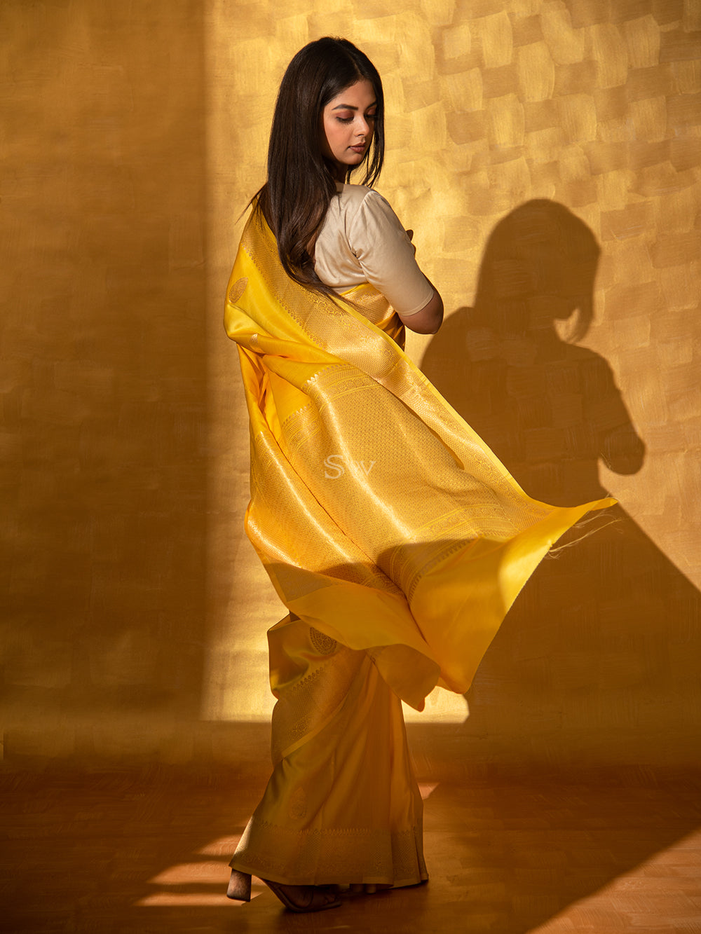 Yellow Satin Silk Handloom Banarasi Saree - Sacred Weaves