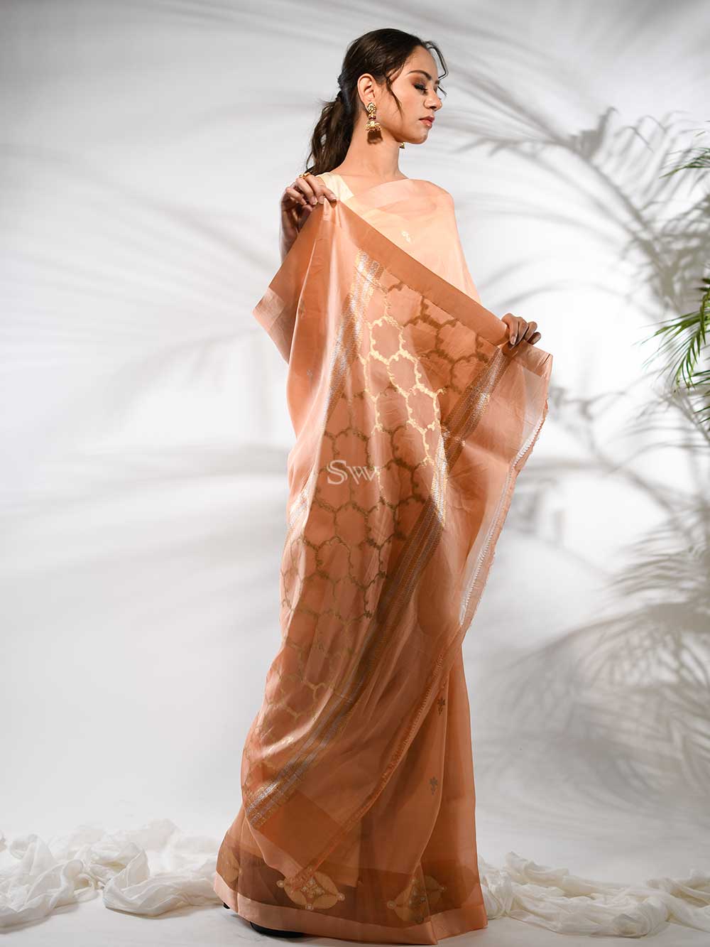 Pastel Peach Booti Organza Handloom Banarasi Saree - Sacred Weaves