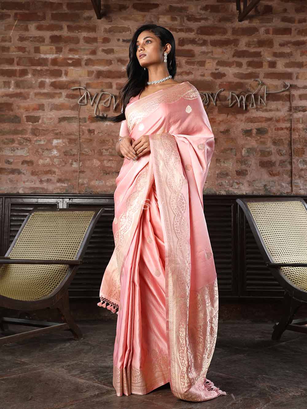Pastel Pink Booti Satin Silk Handloom Banarasi Saree - Sacred Weaves
