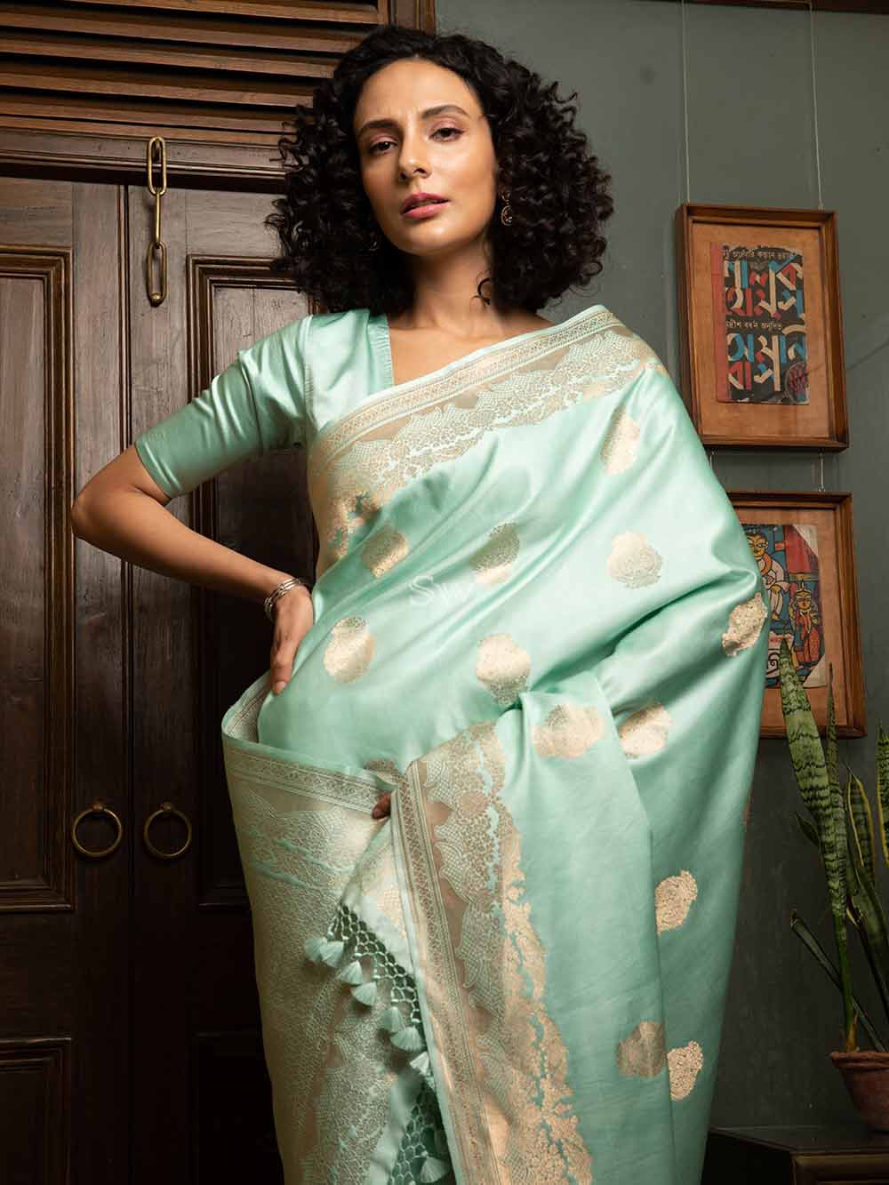 Sea Green Boota Satin Silk Handloom Banarasi Saree - Sacred Weaves