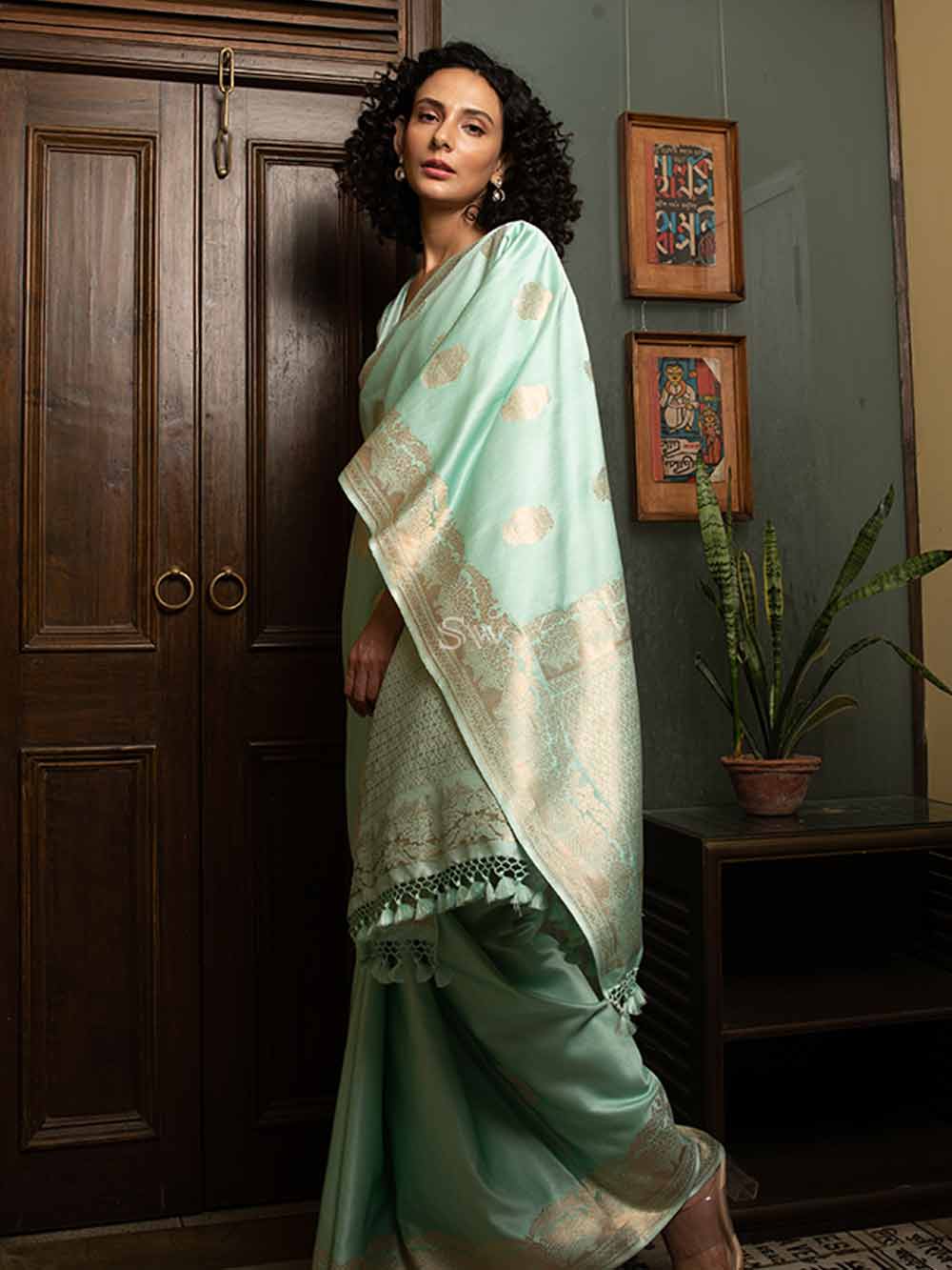 Sea Green Boota Satin Silk Handloom Banarasi Saree - Sacred Weaves