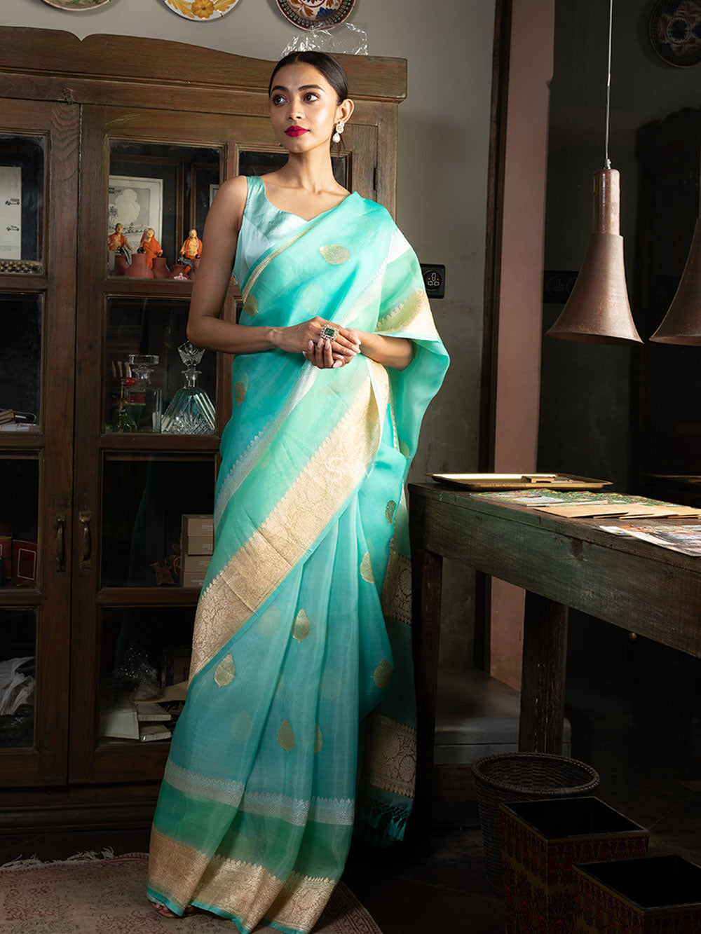 Turquoise Boota Organza Handloom Banarasi Saree - Sacred Weaves