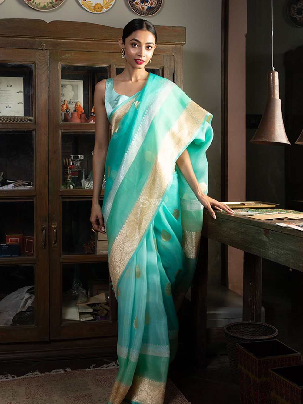 Turquoise Boota Organza Handloom Banarasi Saree - Sacred Weaves