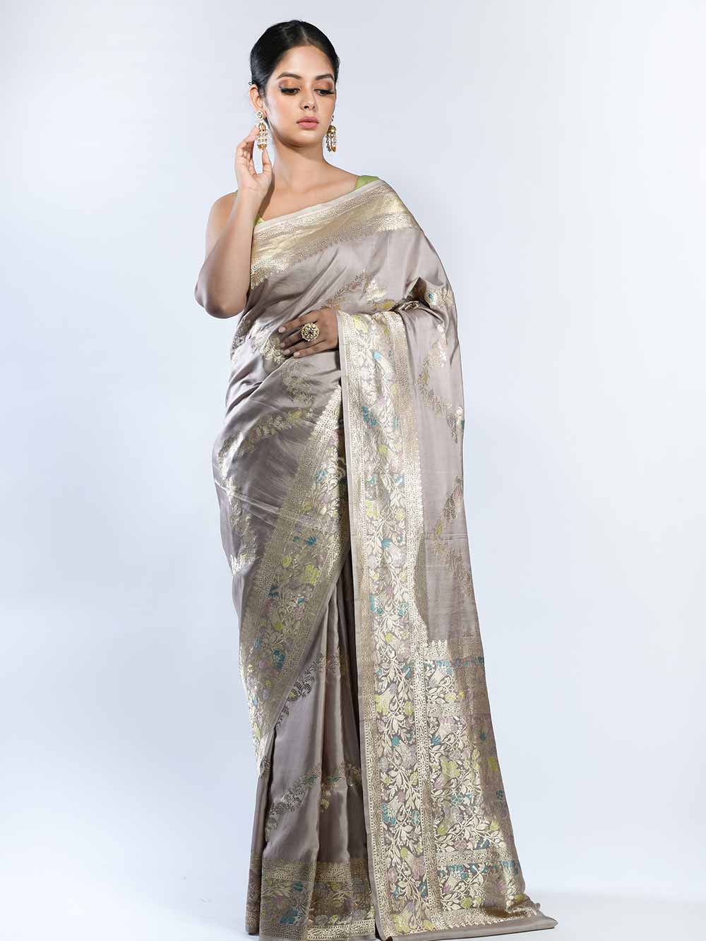 Dusty Rose Meenakari Jaal Katan Silk Handloom Banarasi Saree - Sacred Weaves