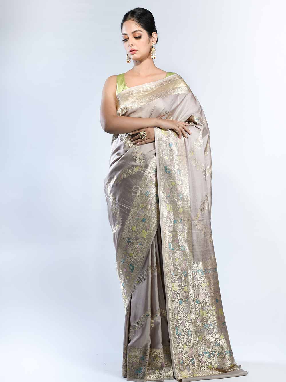 Dusty Rose Meenakari Jaal Katan Silk Handloom Banarasi Saree - Sacred Weaves