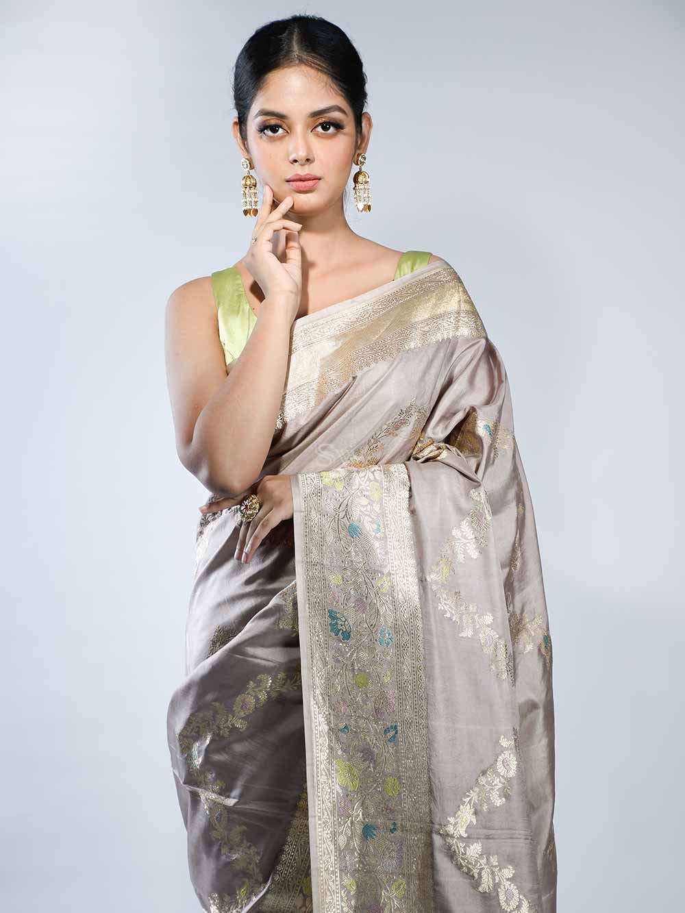 Dusty Rose Meenakari Jaal Katan Silk Handloom Banarasi Saree - Sacred Weaves