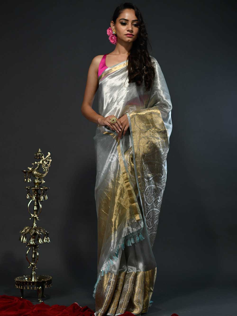 Sea Green Tissue Handloom Banarasi Saree - Sacred Weaves
