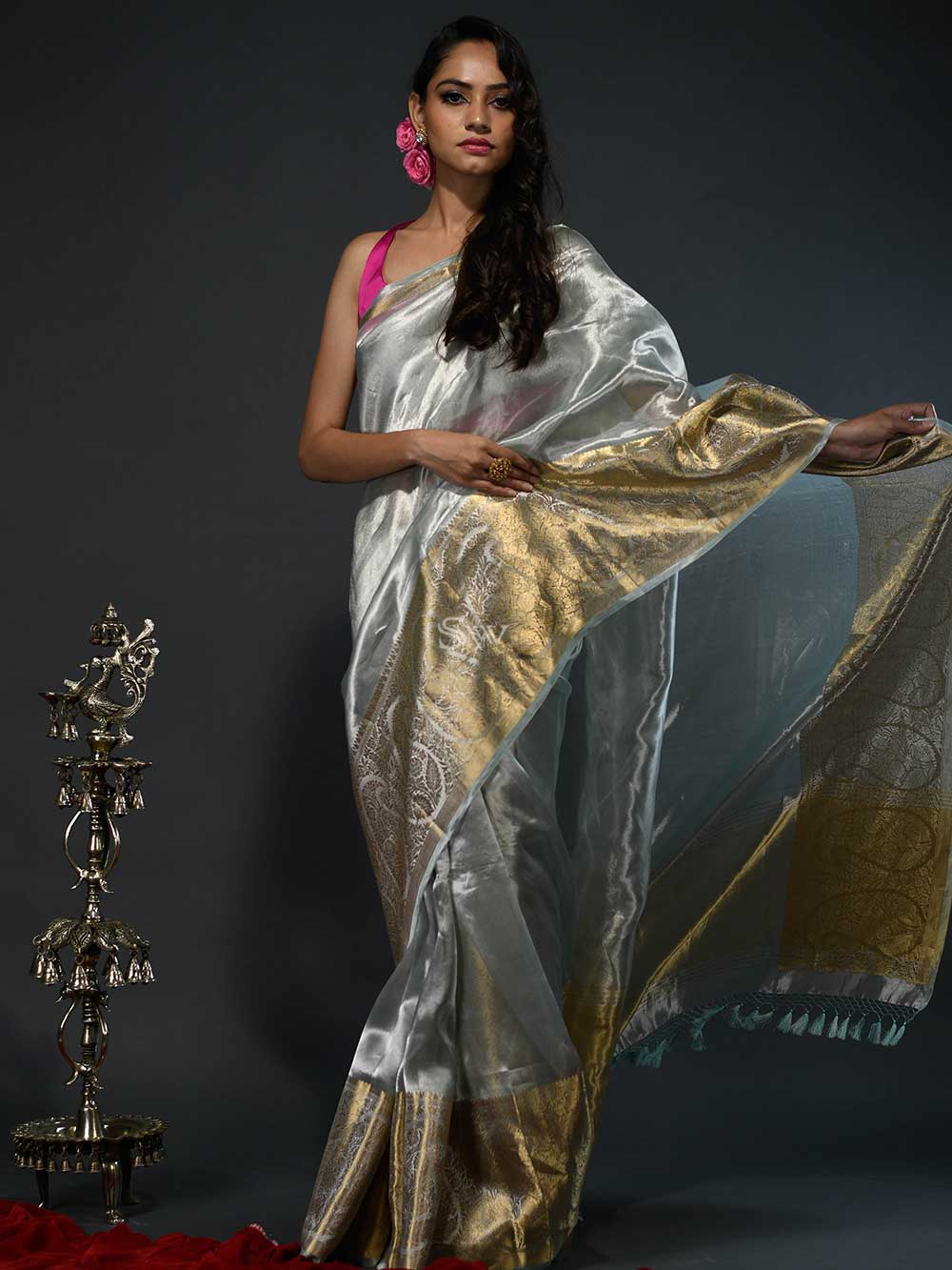 Sea Green Tissue Handloom Banarasi Saree - Sacred Weaves
