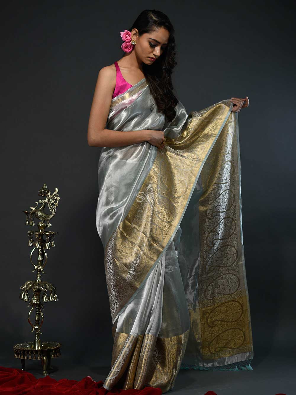 Sea Green Tissue Handloom Banarasi Saree - Sacred Weaves