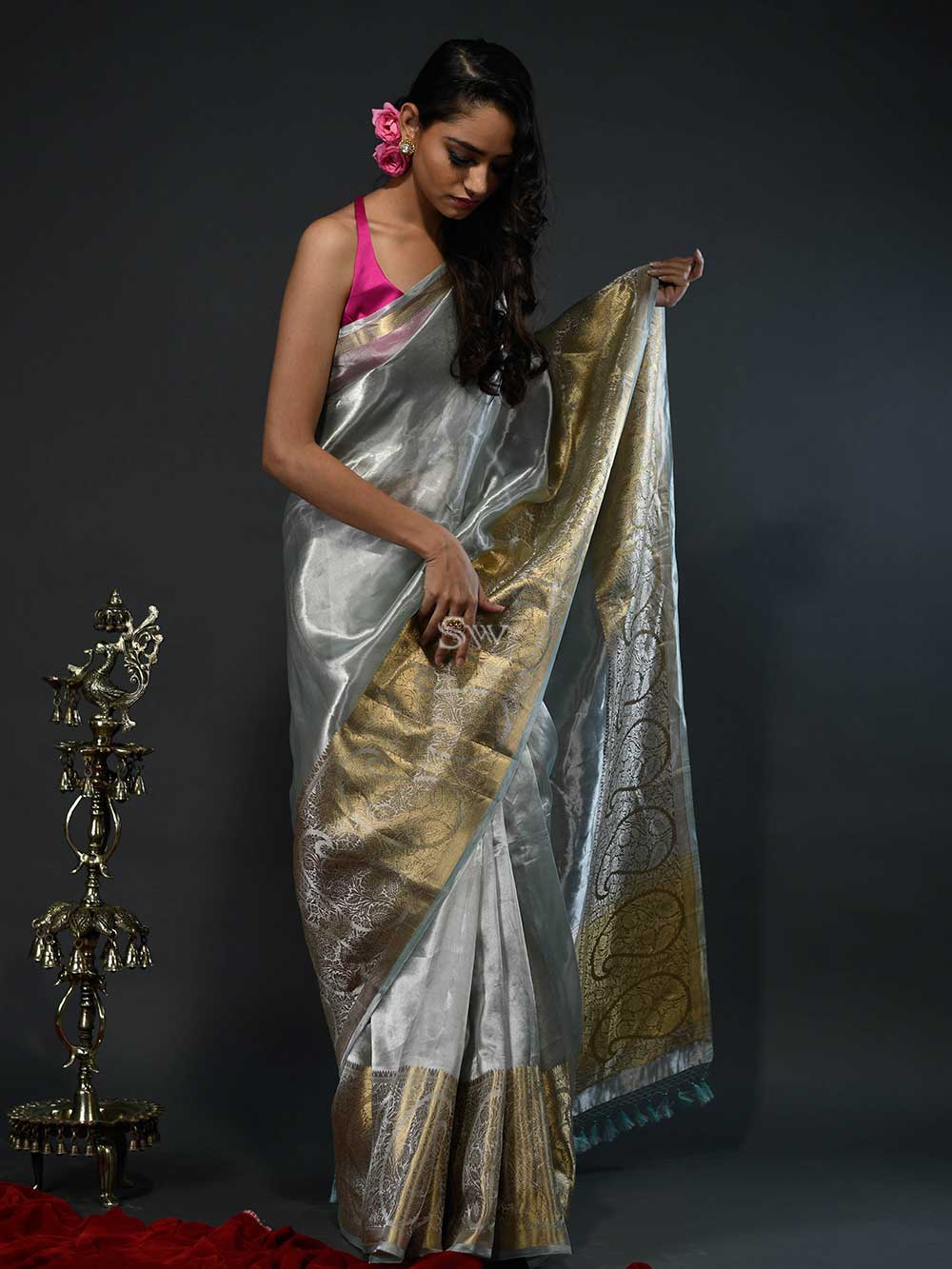 Sea Green Tissue Handloom Banarasi Saree - Sacred Weaves