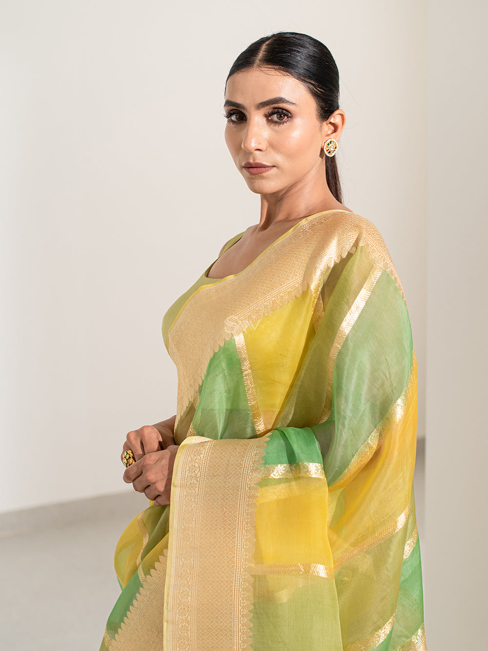 Green Yellow Rangkat Organza Handloom Banarasi Saree - Sacred Weaves