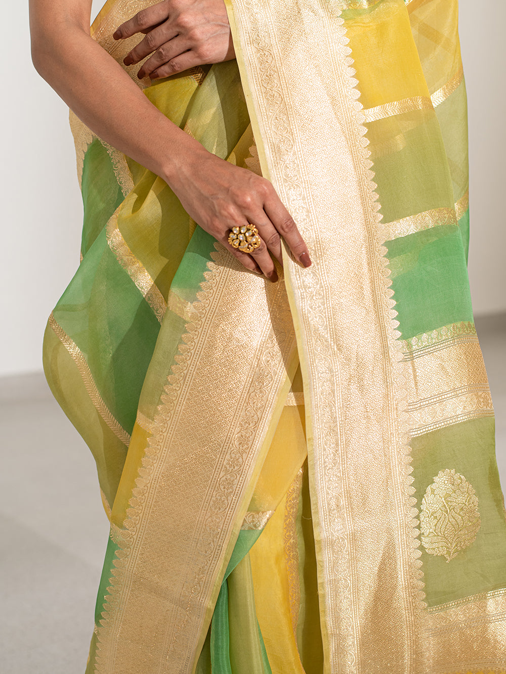 Green Yellow Rangkat Organza Handloom Banarasi Saree - Sacred Weaves