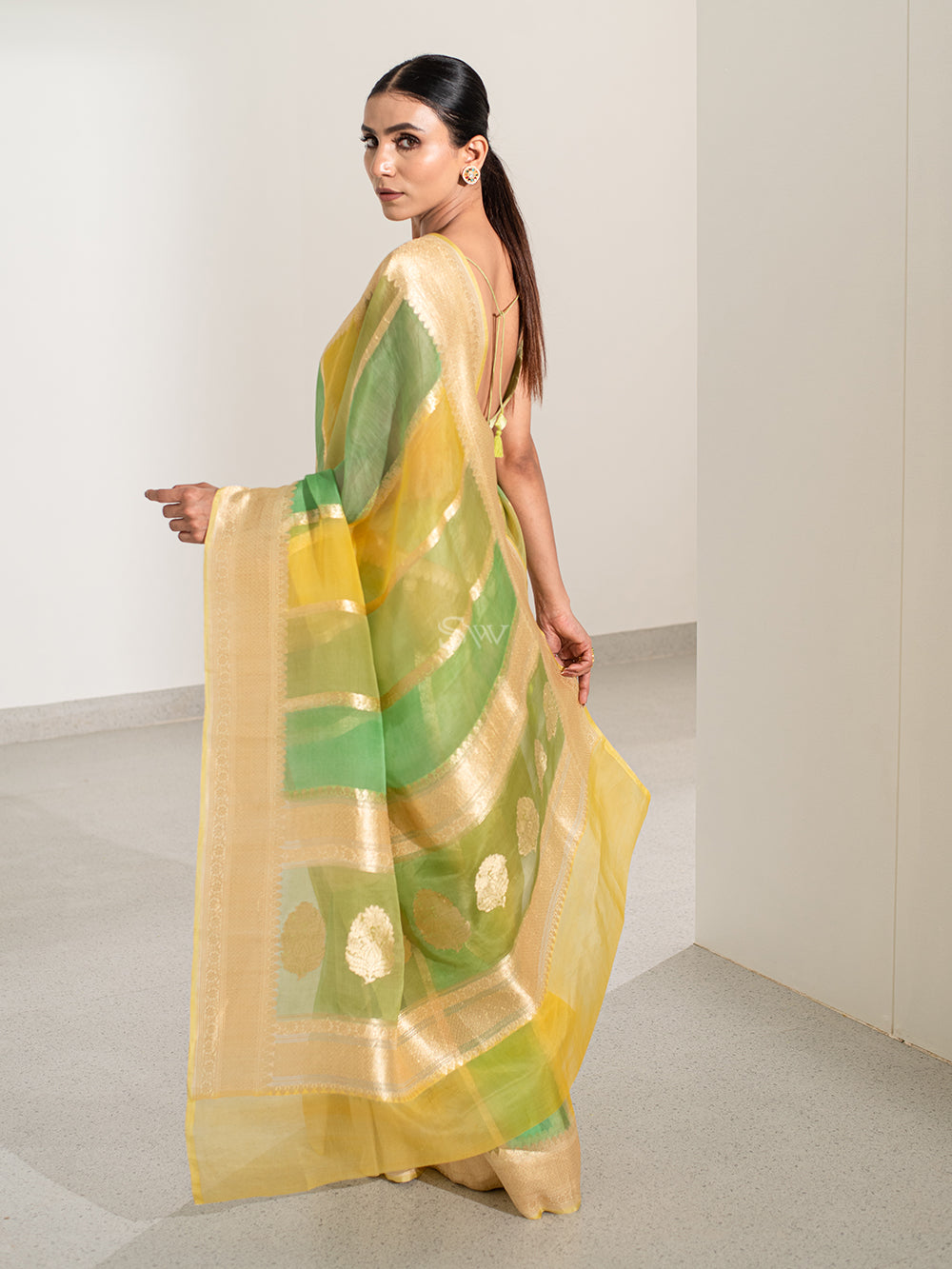Green Yellow Rangkat Organza Handloom Banarasi Saree - Sacred Weaves