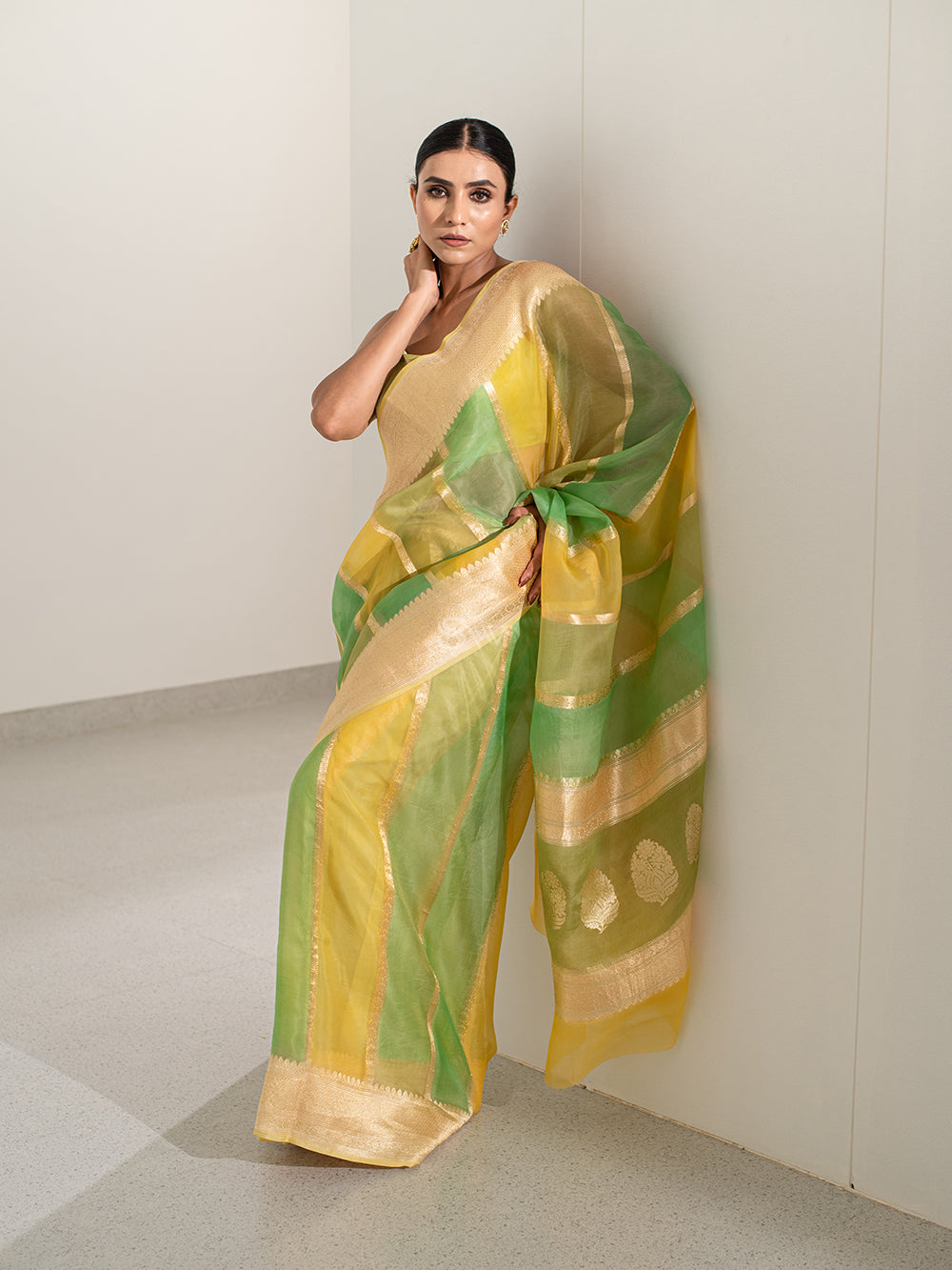 Green Yellow Rangkat Organza Handloom Banarasi Saree - Sacred Weaves