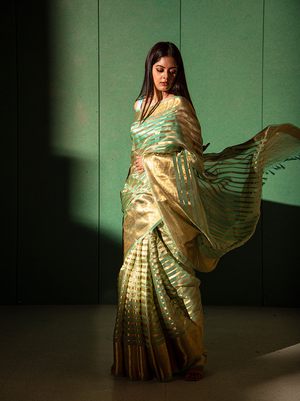Sea Green Tissue Handloom Banarasi Saree - Sacred Weaves