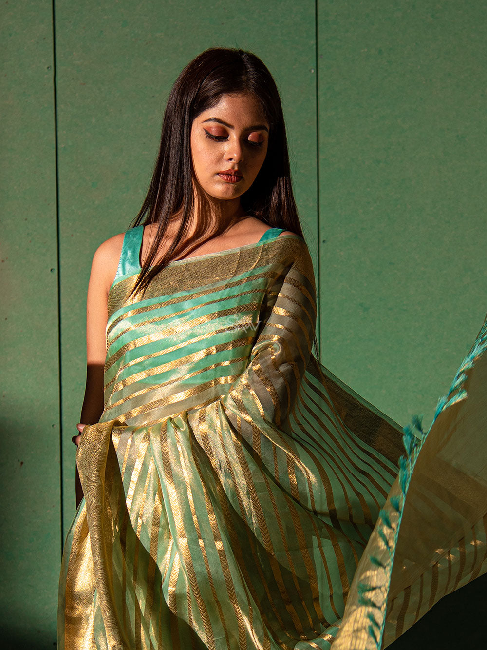 Sea Green Tissue Handloom Banarasi Saree - Sacred Weaves