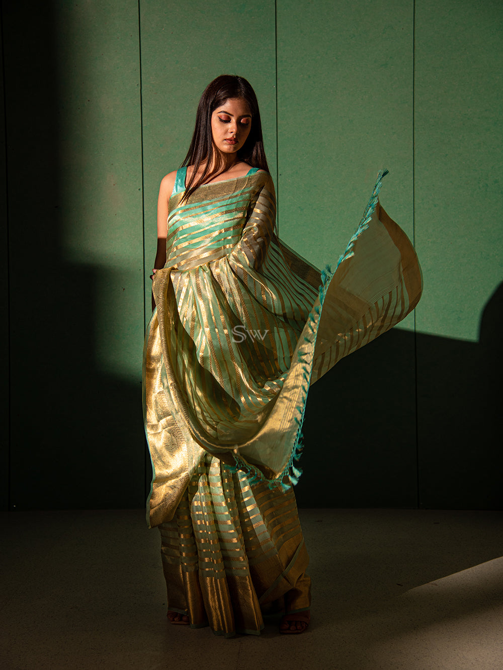 Sea Green Tissue Handloom Banarasi Saree - Sacred Weaves