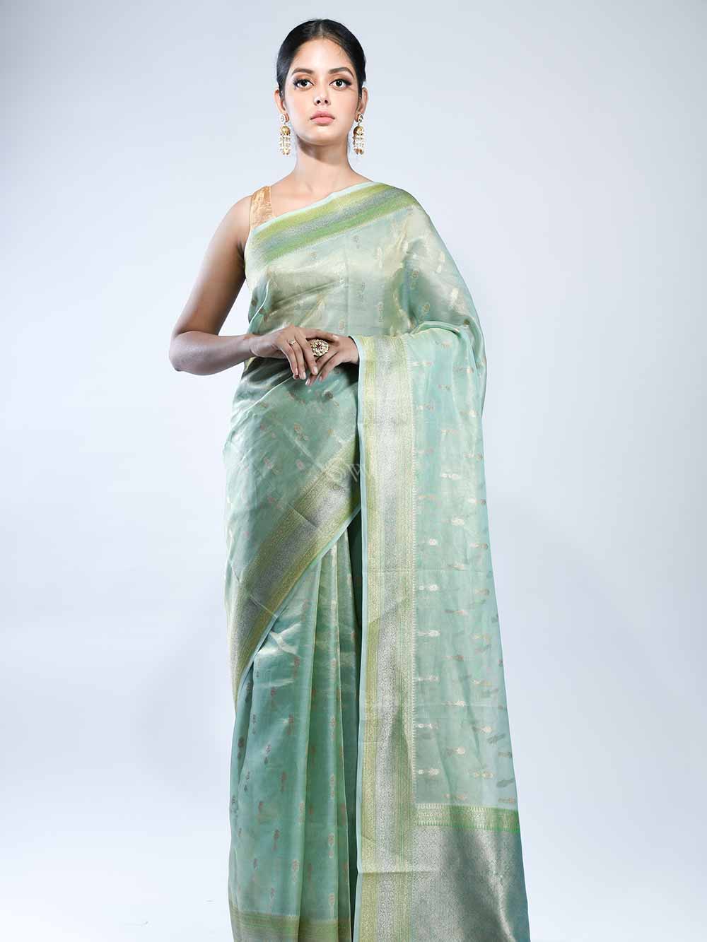 Sea Green Booti Tissue Handloom Banarasi Saree - Sacred Weaves