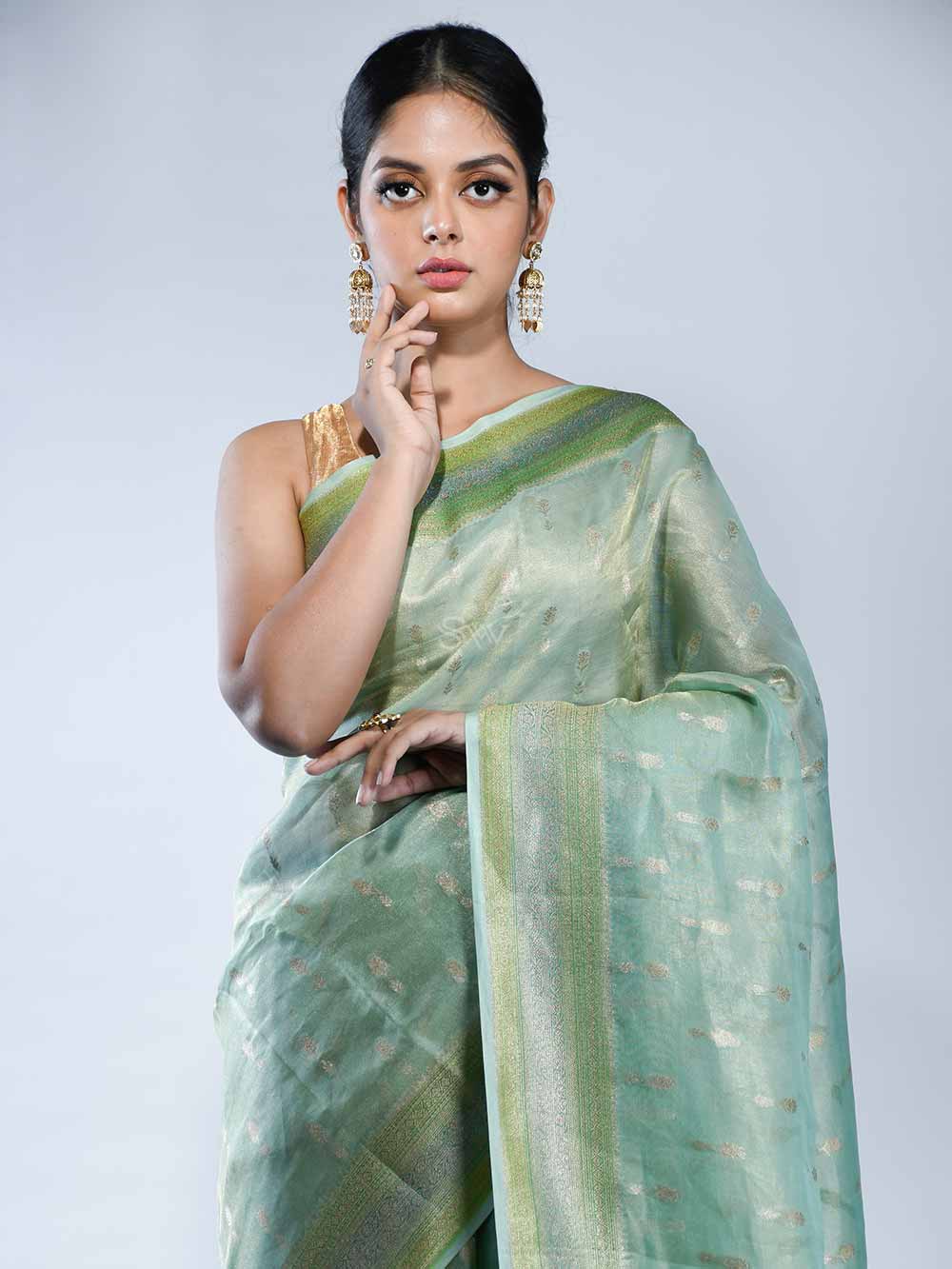 Sea Green Booti Tissue Handloom Banarasi Saree - Sacred Weaves