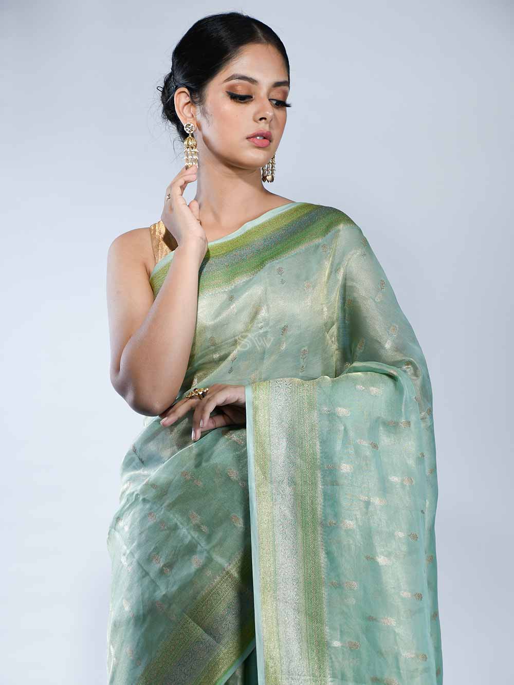 Sea Green Booti Tissue Handloom Banarasi Saree - Sacred Weaves