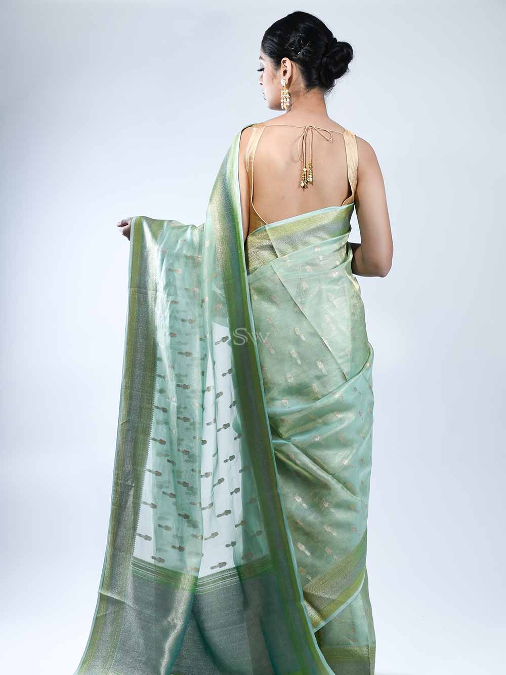 Sea Green Booti Tissue Handloom Banarasi Saree - Sacred Weaves