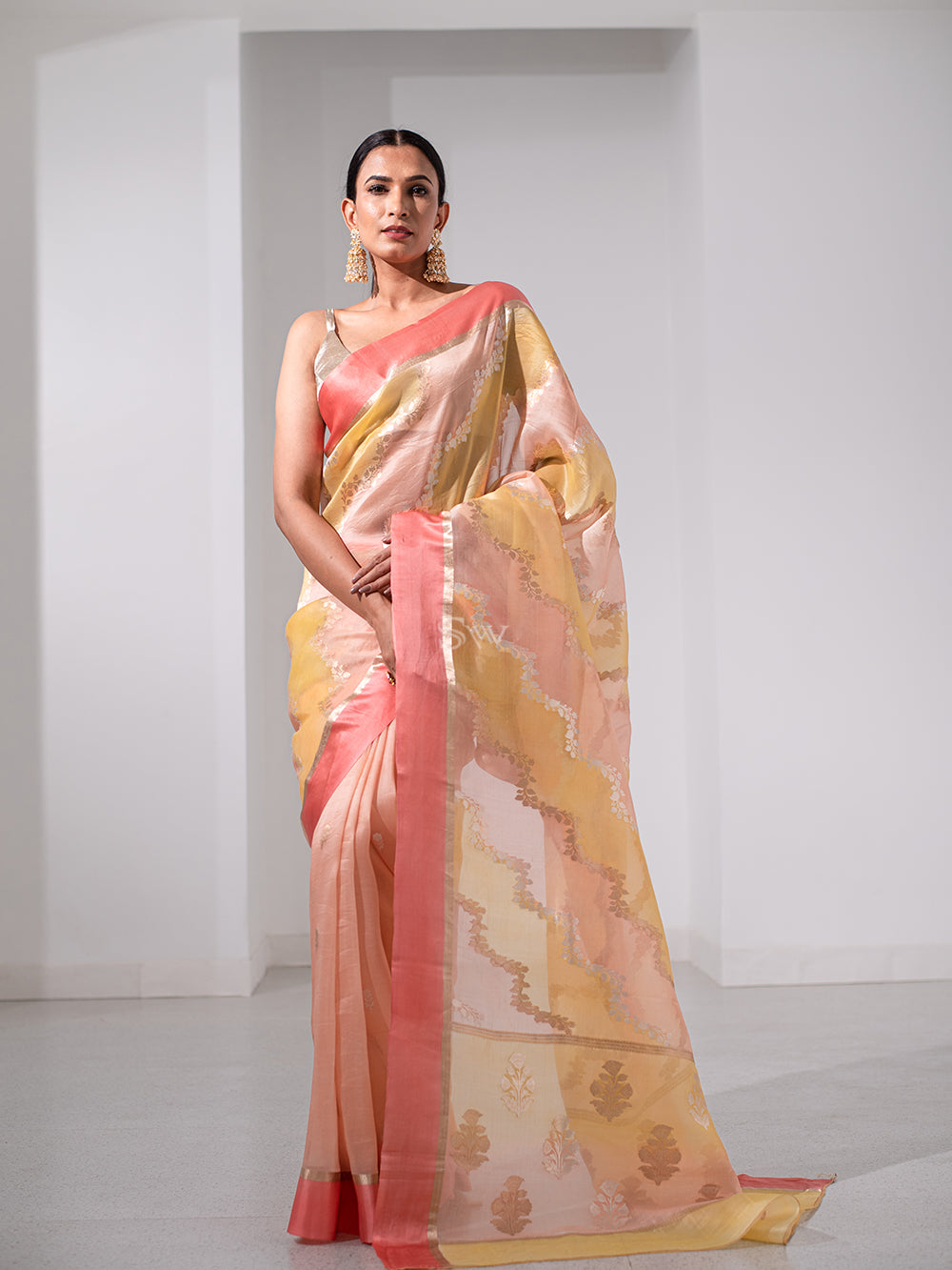 Yellow Peach Rangkat Organza Handloom Banarasi Saree - Sacred Weaves