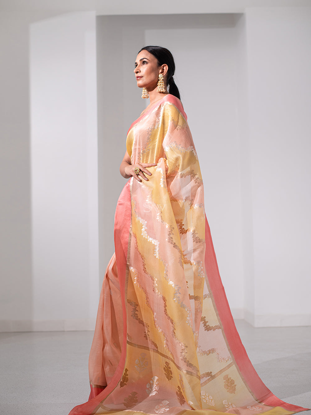 Yellow Peach Rangkat Organza Handloom Banarasi Saree - Sacred Weaves