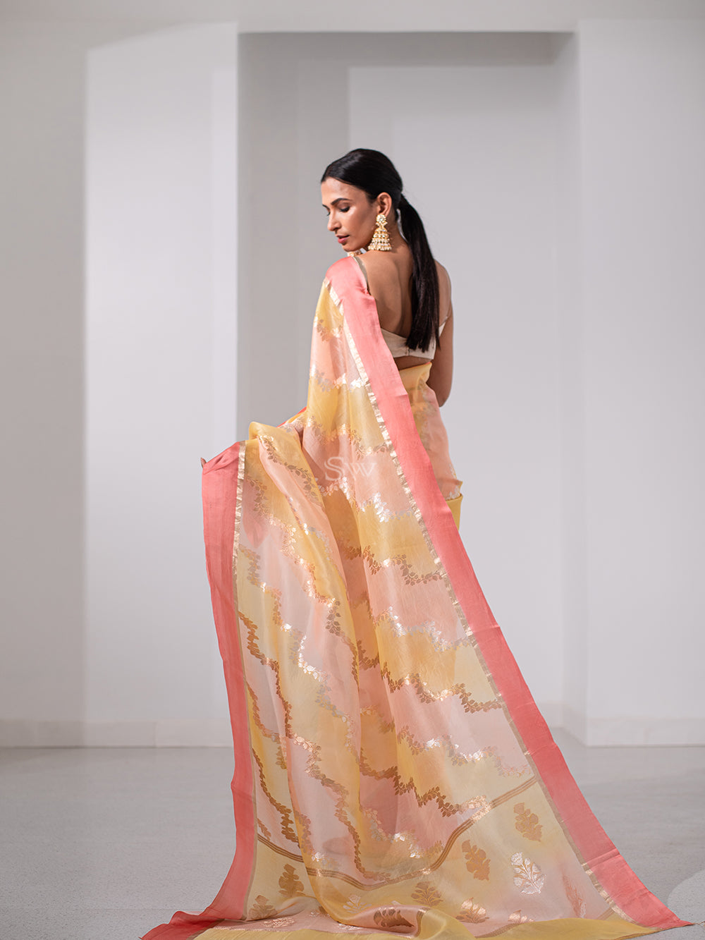 Yellow Peach Rangkat Organza Handloom Banarasi Saree - Sacred Weaves