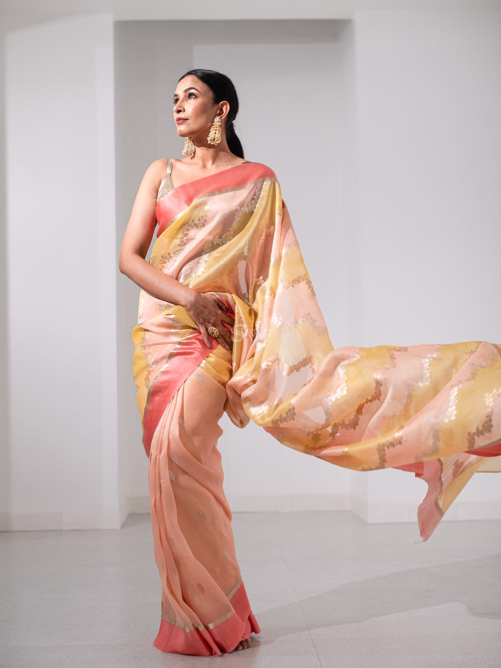 Yellow Peach Rangkat Organza Handloom Banarasi Saree - Sacred Weaves