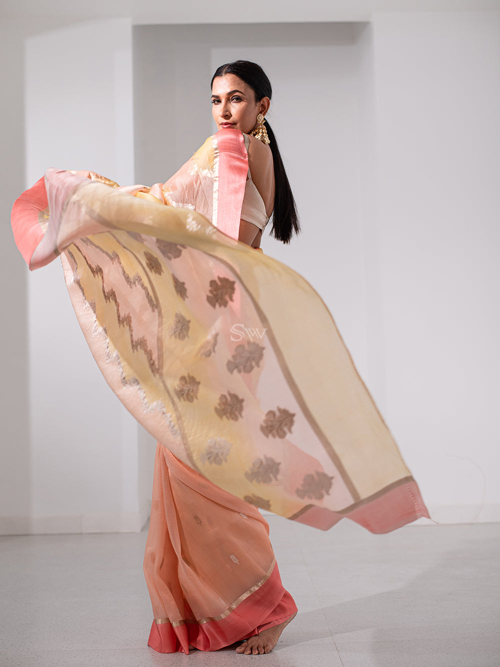Yellow Peach Rangkat Organza Handloom Banarasi Saree - Sacred Weaves