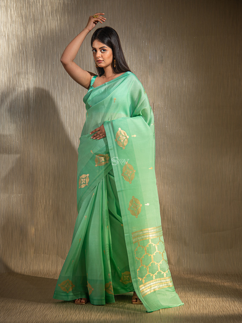 Sea Green Booti Organza Handloom Banarasi Saree - Sacred Weaves