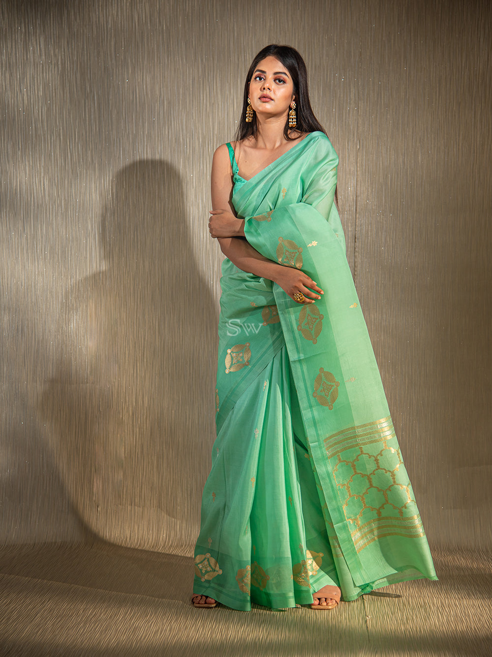 Sea Green Booti Organza Handloom Banarasi Saree - Sacred Weaves