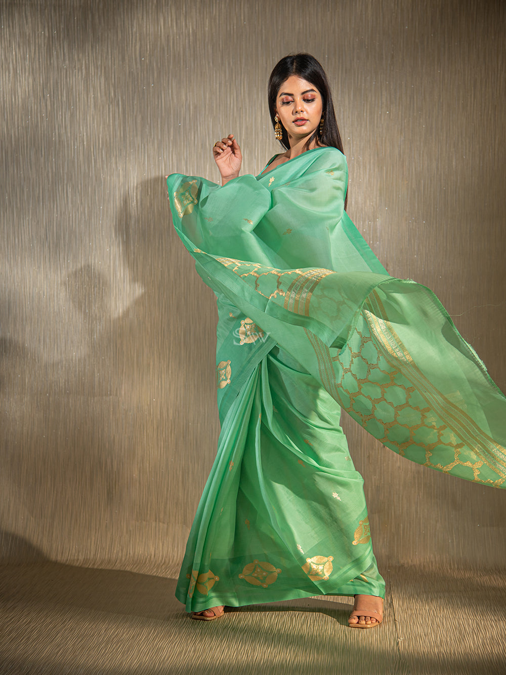 Sea Green Booti Organza Handloom Banarasi Saree - Sacred Weaves