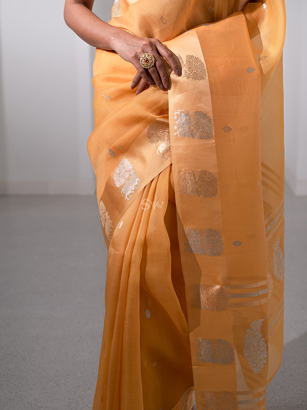 Light Mustard Booti Organza Handloom Banarasi Saree - Sacred Weaves