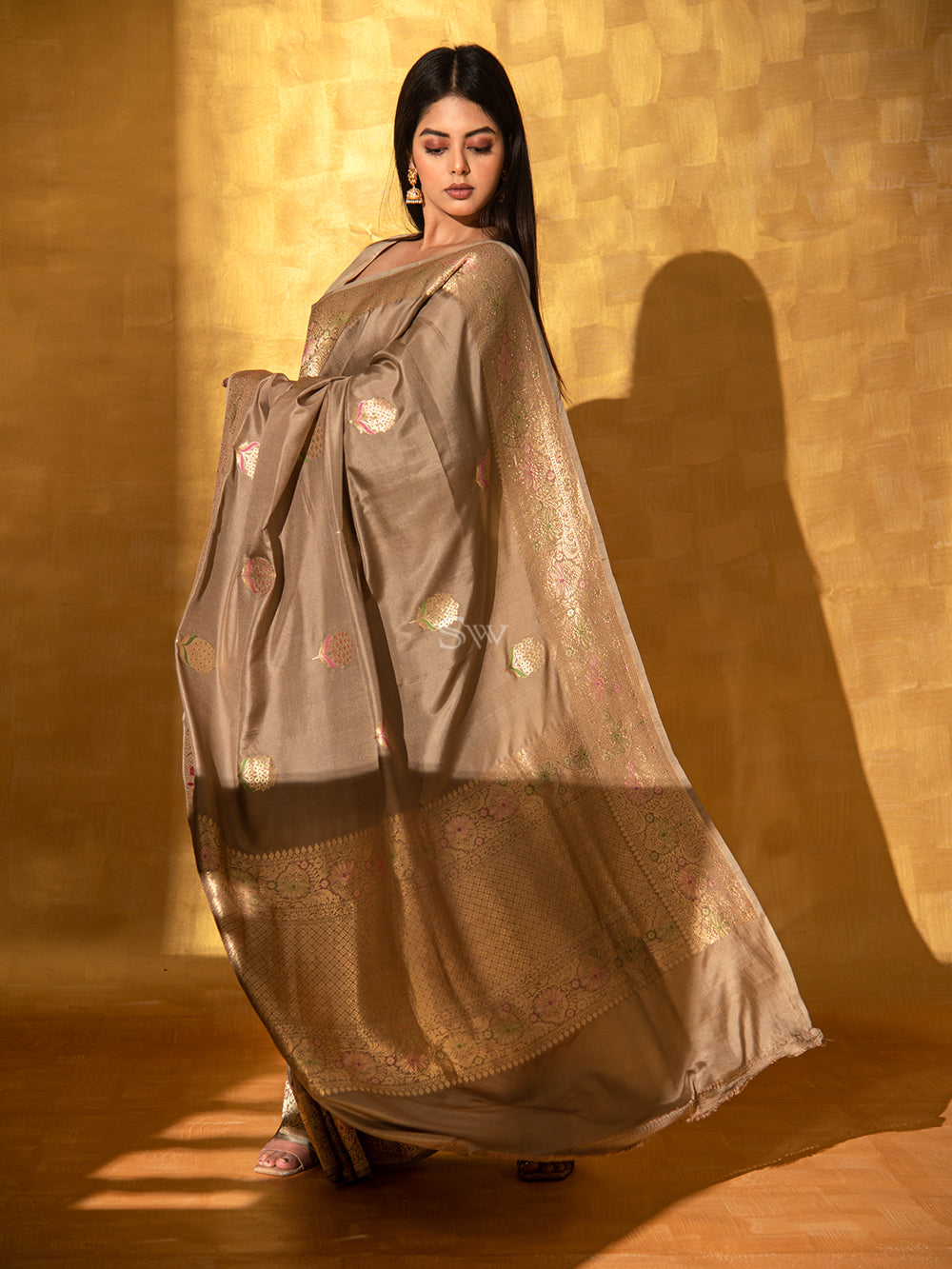 Dark Beige Mashru Satin Silk Handloom Banarasi Saree - Sacred Weaves 