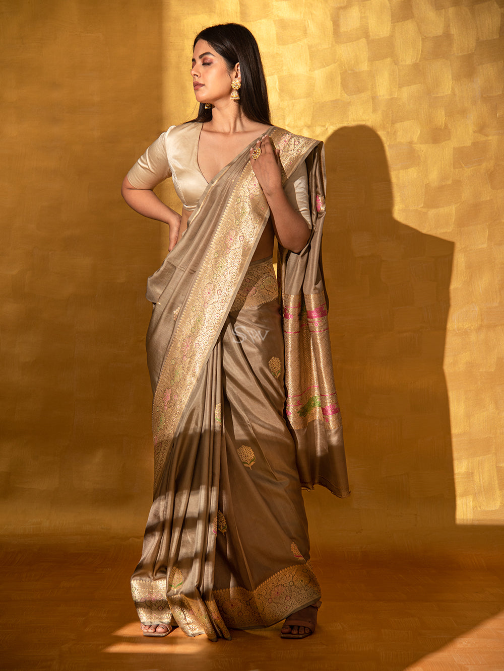 Dark Beige Mashru Satin Silk Handloom Banarasi Saree - Sacred Weaves