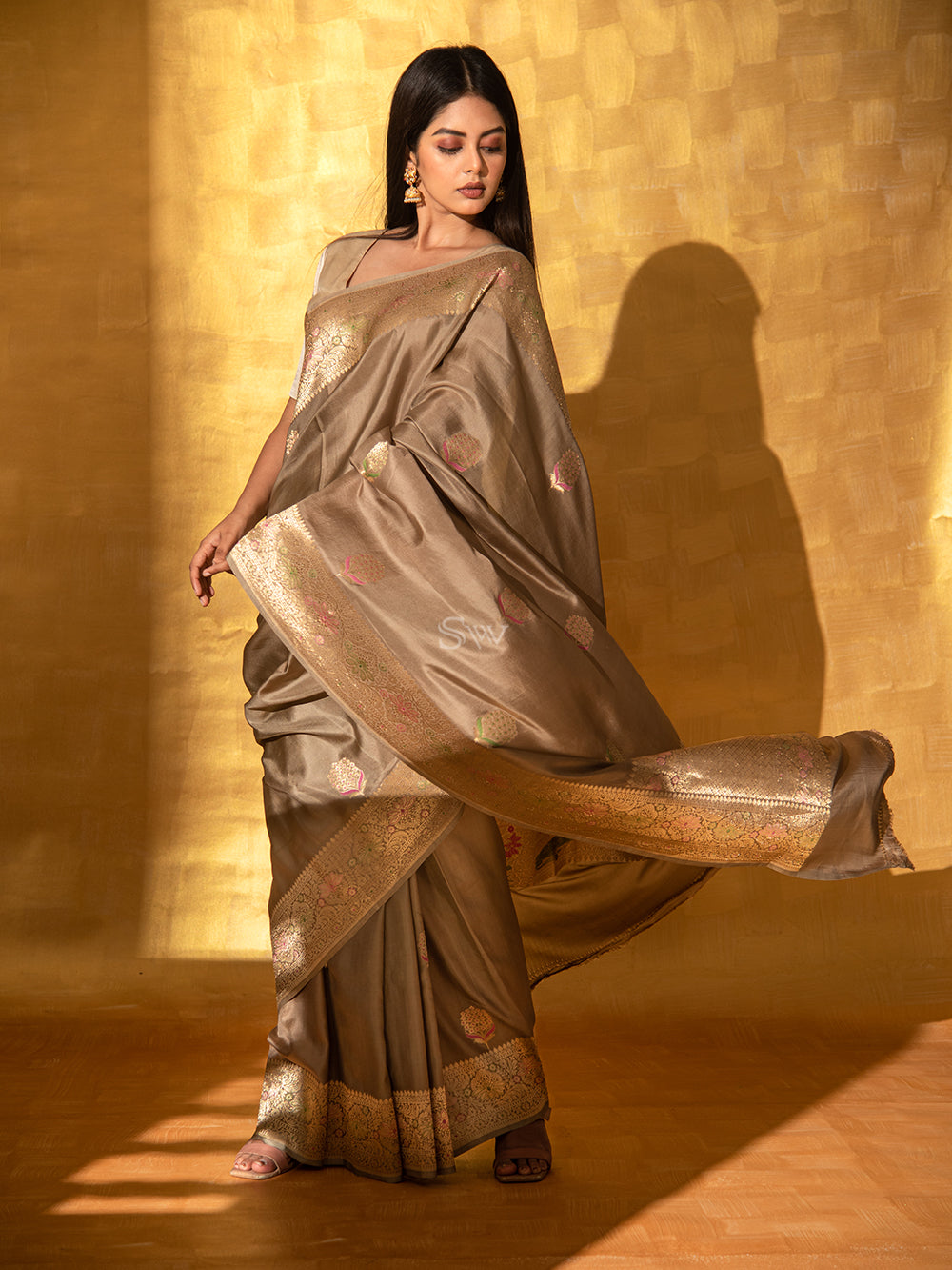Dark Beige Mashru Satin Silk Handloom Banarasi Saree - Sacred Weaves