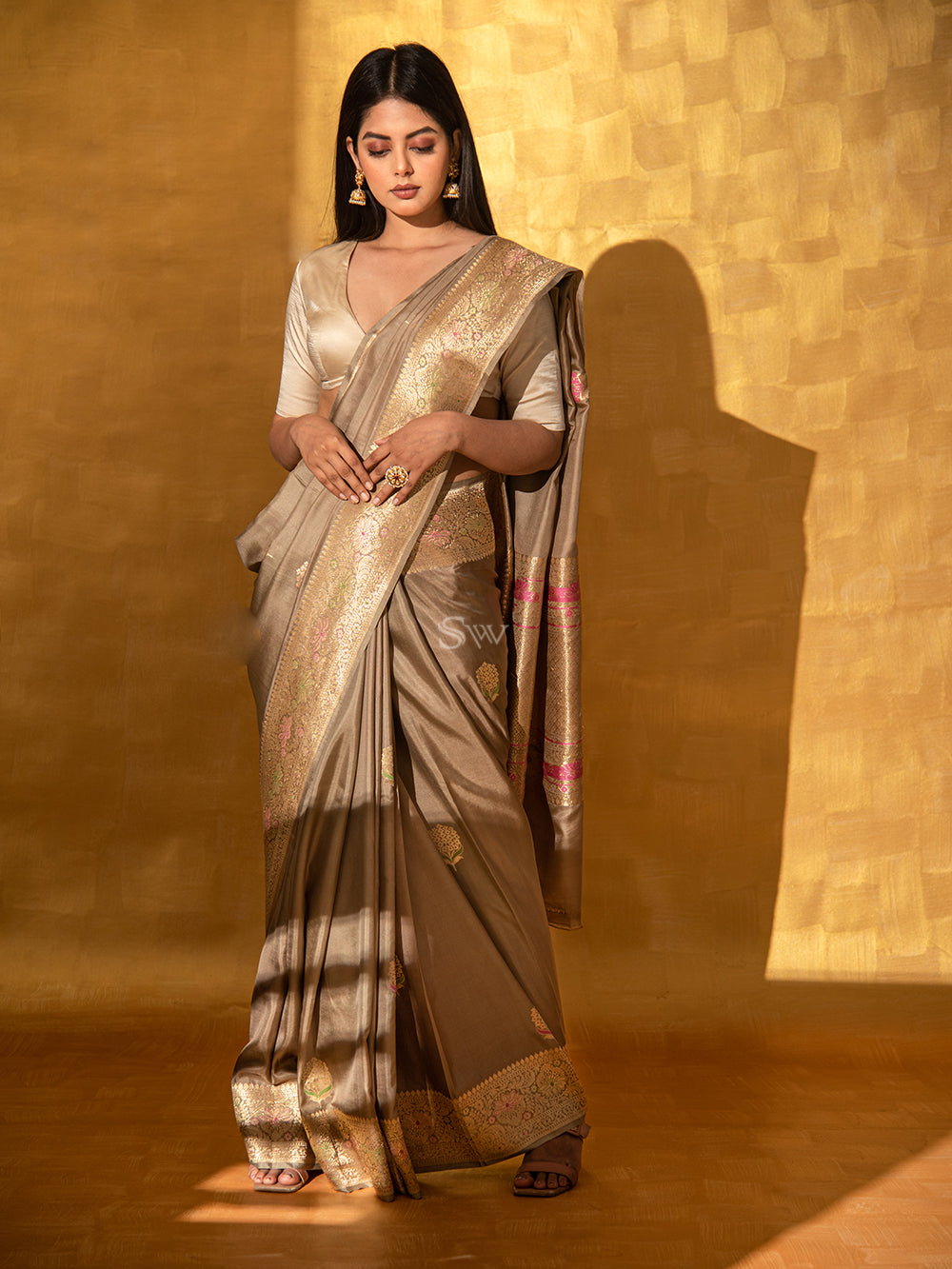 Dark Beige Mashru Satin Silk Handloom Banarasi Saree - Sacred Weaves