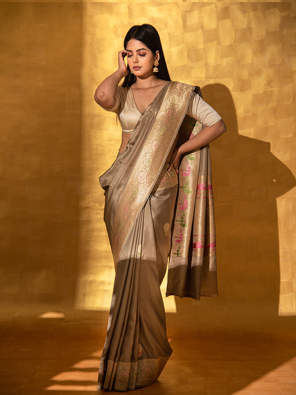 Dark Beige Mashru Satin Silk Handloom Banarasi Saree - Sacred Weaves