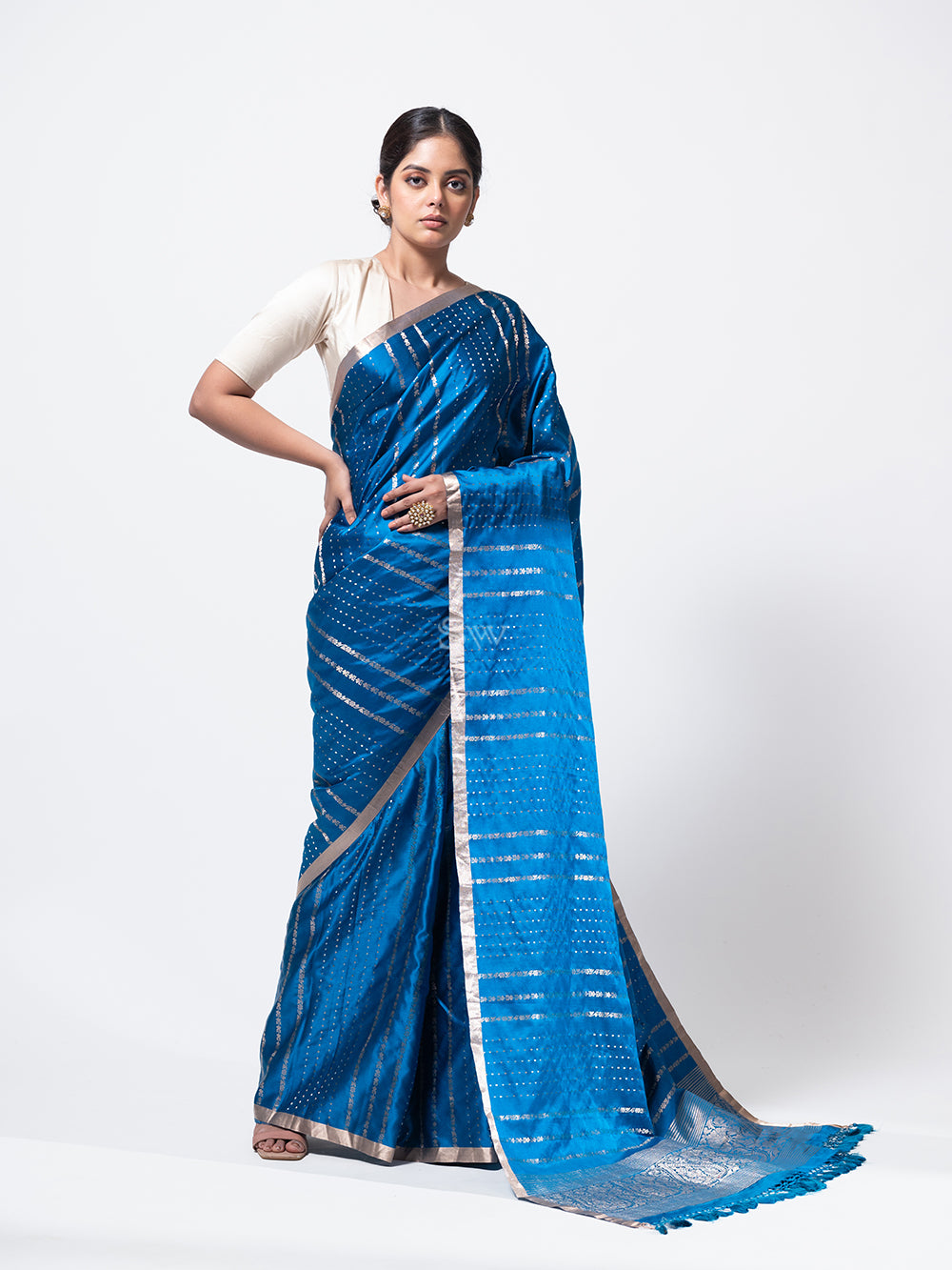 Teal Blue Stripe Satin Silk Handloom Banarasi Saree - Sacred Weaves