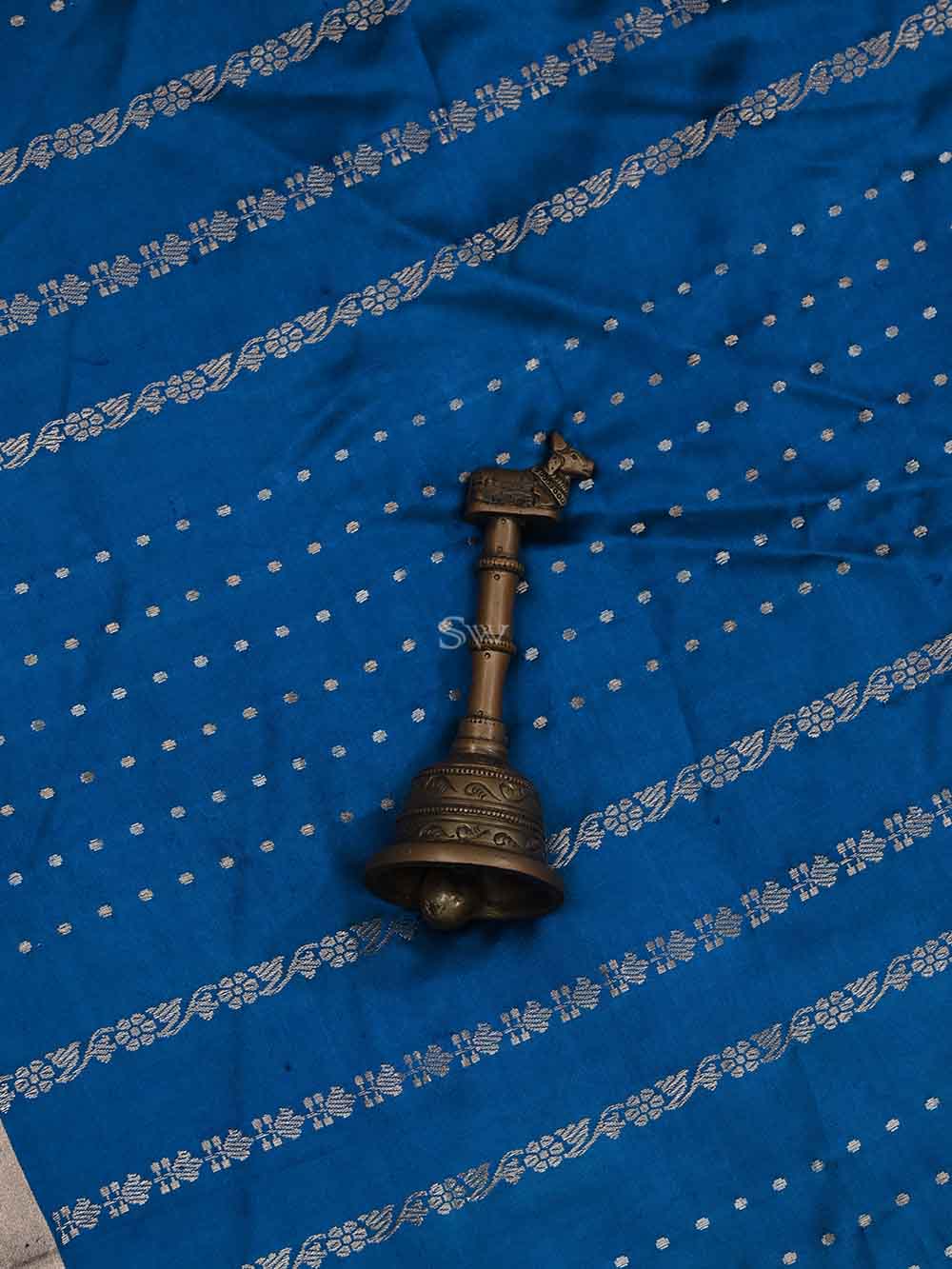 Teal Blue Stripe Satin Silk Handloom Banarasi Saree - Sacred Weaves