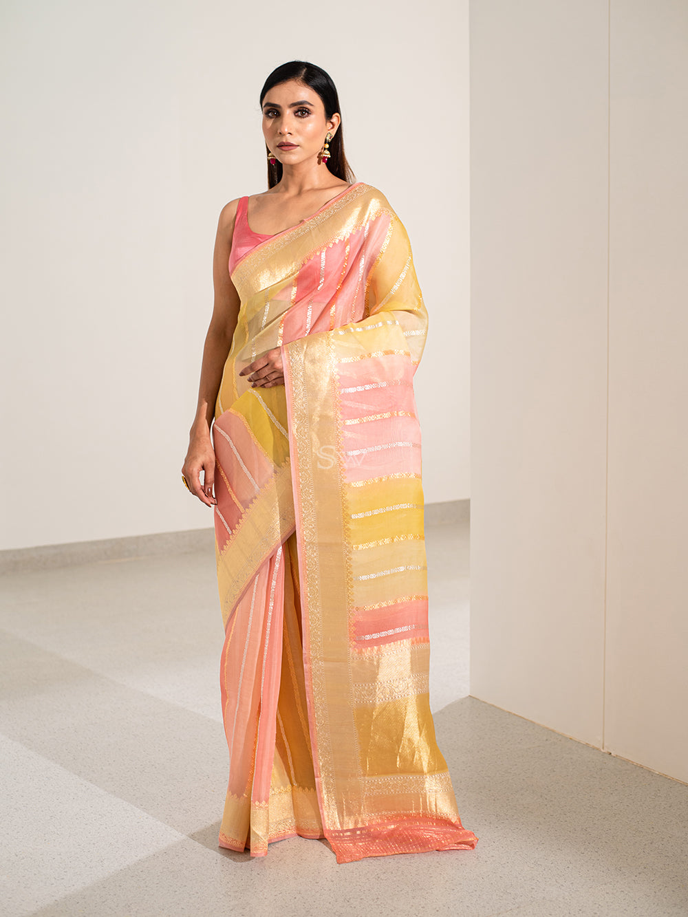 Yellow Pink Rangkat Organza Handloom Banarasi Saree - Sacred Weaves