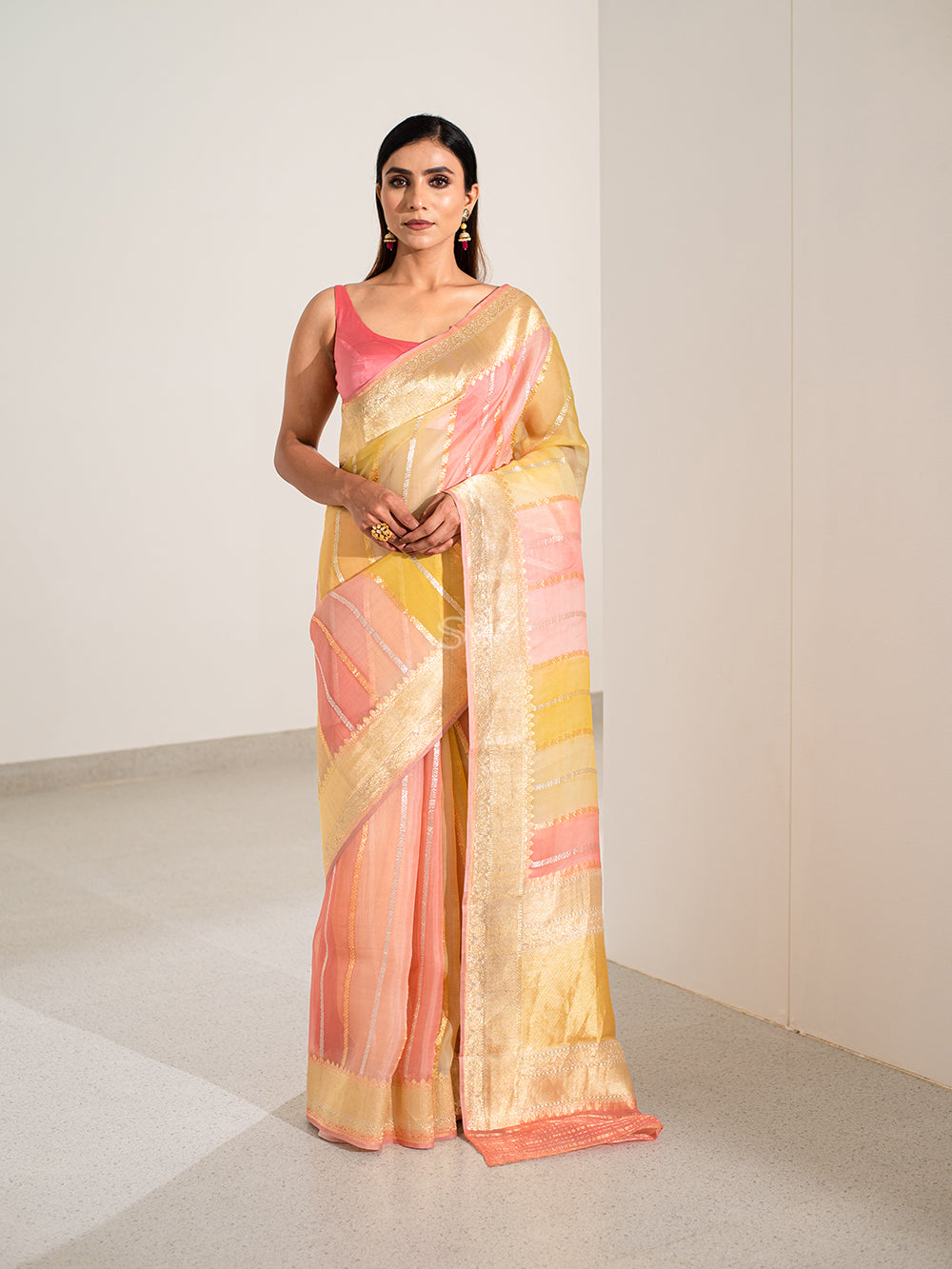 Yellow Pink Rangkat Organza Handloom Banarasi Saree - Sacred Weaves