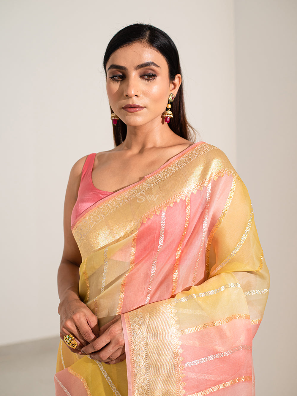 Yellow Pink Rangkat Organza Handloom Banarasi Saree - Sacred Weaves