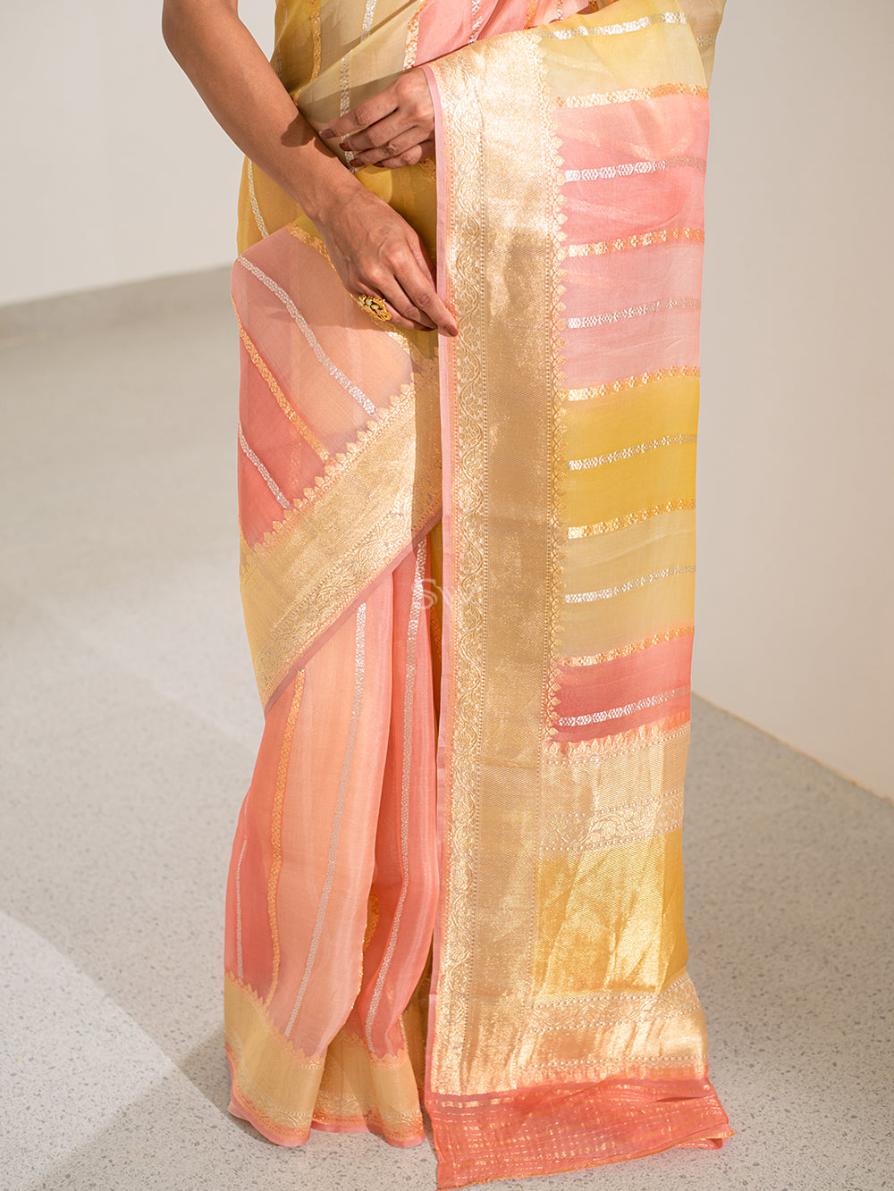 Yellow Pink Rangkat Organza Handloom Banarasi Saree - Sacred Weaves