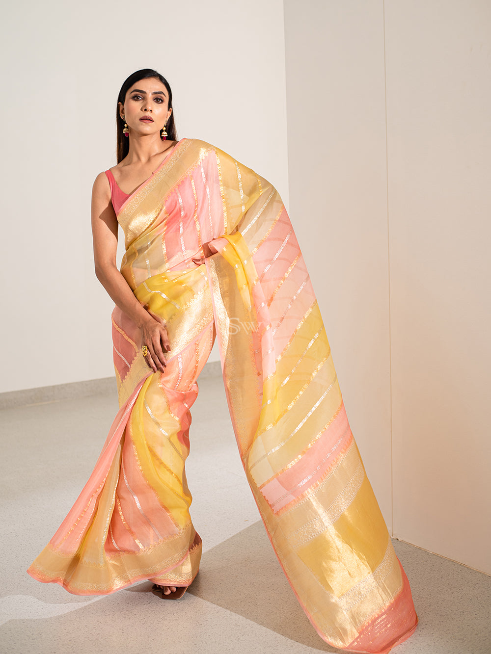 Yellow Pink Rangkat Organza Handloom Banarasi Saree - Sacred Weaves