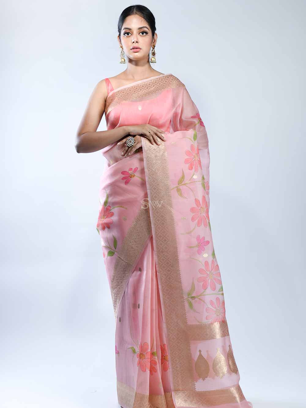 Pink Booti Organza Handloom Banarasi Saree - Sacred Weaves